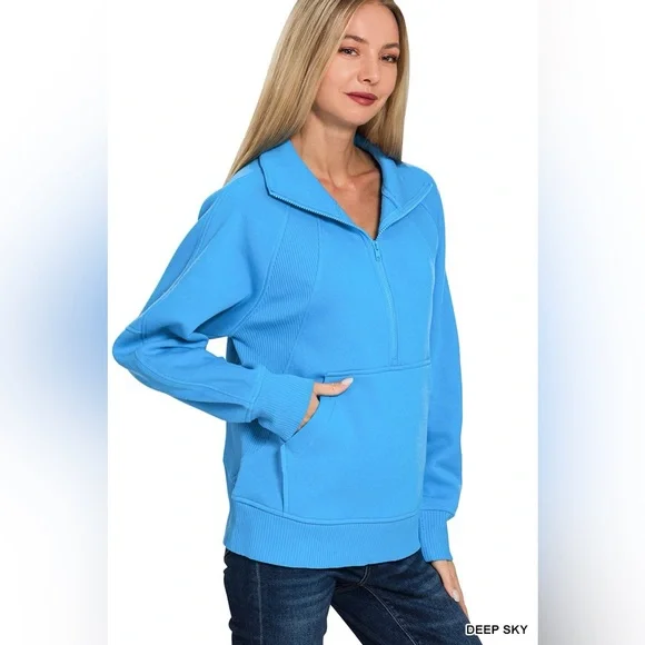 Zenana Half Zip Fleece Sweatshirt with kangaroo Pocket - Picture 3 of 4